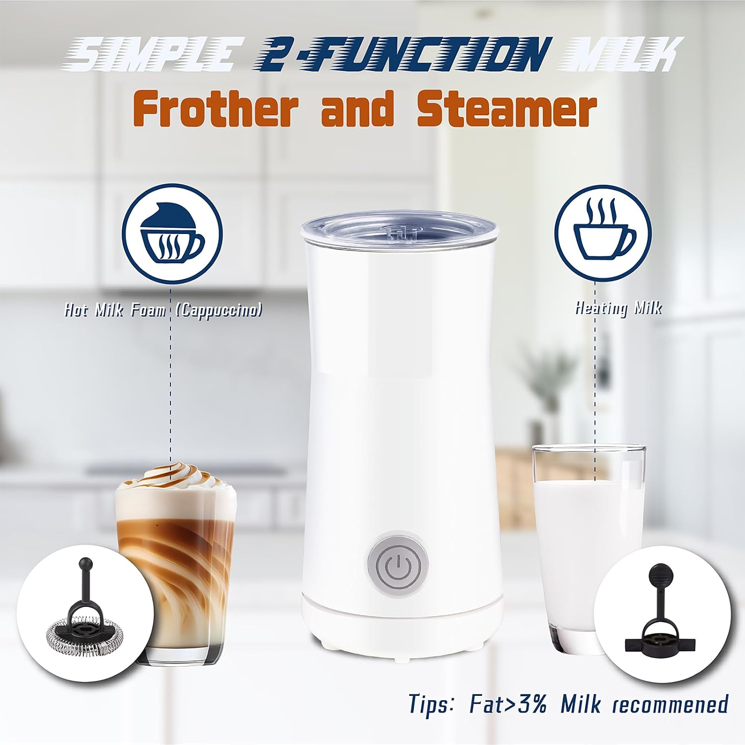Simple Milk Frother, 2 in 1 Milk Steamer and Frother, Electric Milk Steamer, Milk Warmer and Hot Milk Foam Maker for