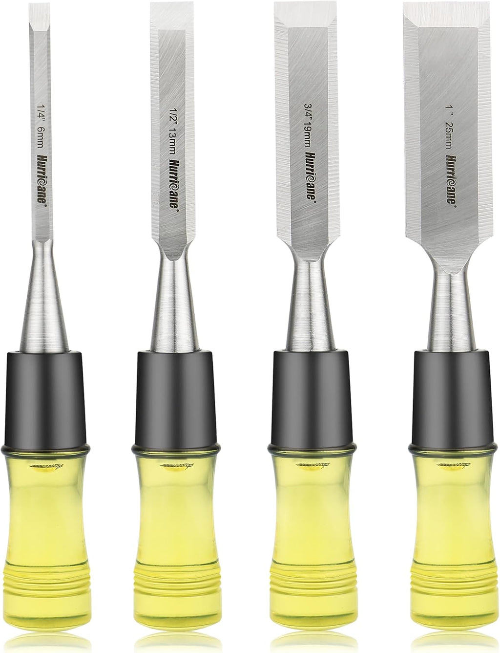 4 Piece Wood Chisel Set for Woodworking. CR-V Steel Beveled Edge Blades with Safety Caps. Durable PVC High Impact