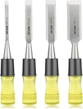 4 Piece Wood Chisel Set for Woodworking. CR-V Steel Beveled Edge Blades with Safety Caps. Durable PVC High Impact