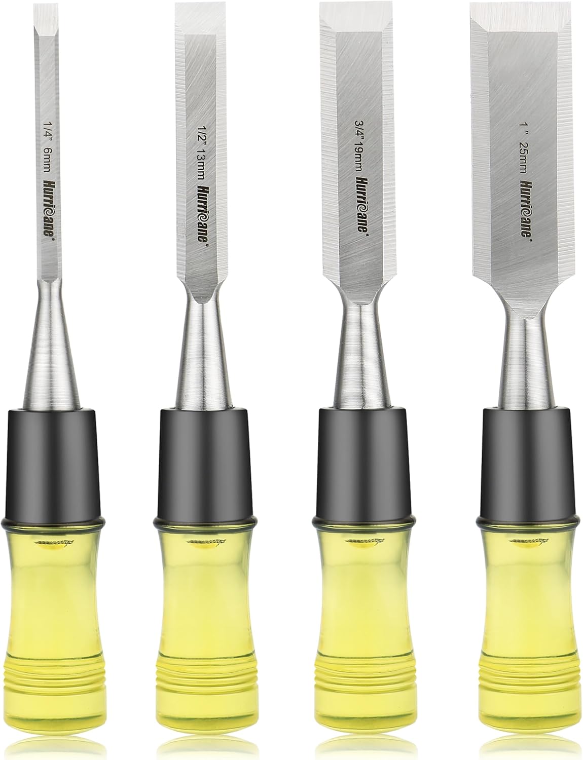 4 Piece Wood Chisel Set for Woodworking. CR-V Steel Beveled Edge Blades with Safety Caps. Durable PVC High Impact