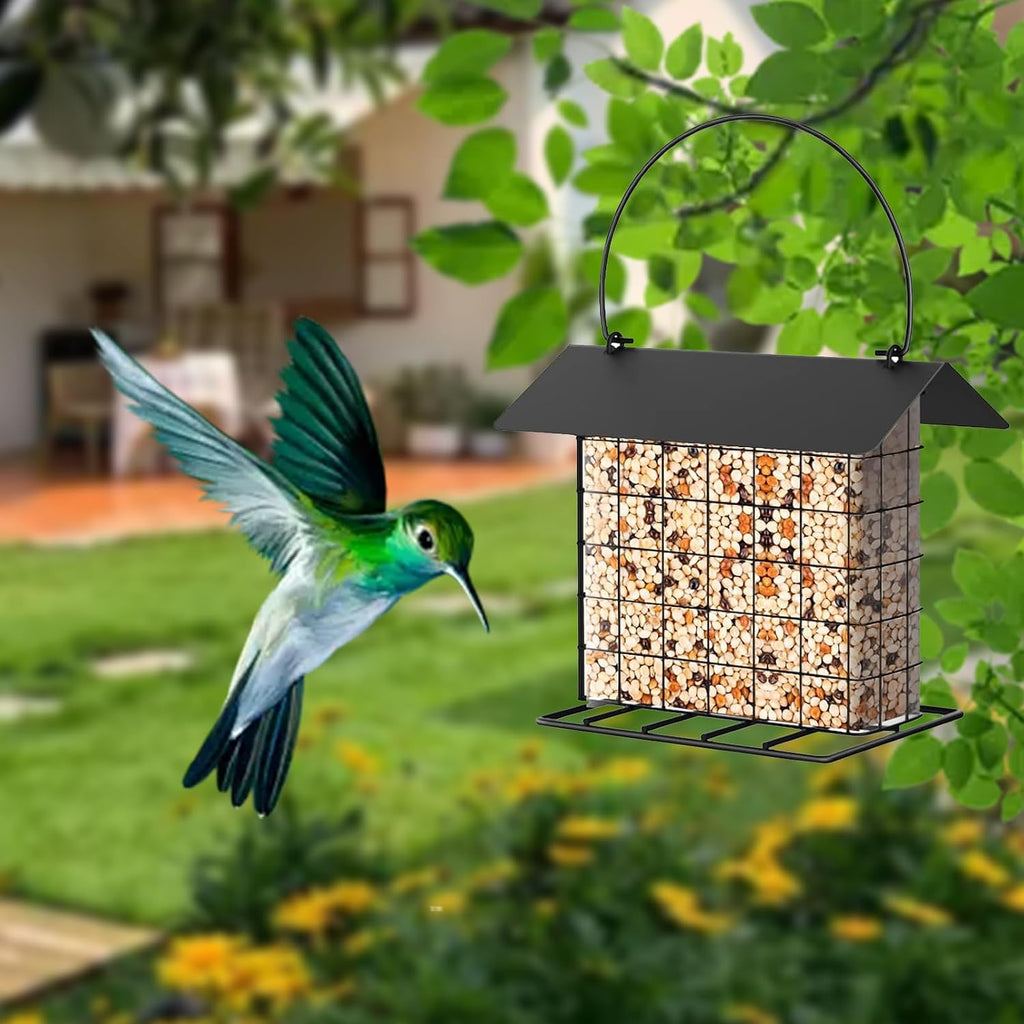 Suet Ball Bird Feeder Outdoor Hanging Metal Wire Wild Bird Feeder Fat Ball Food Feeder with Metal Roof and Platform
