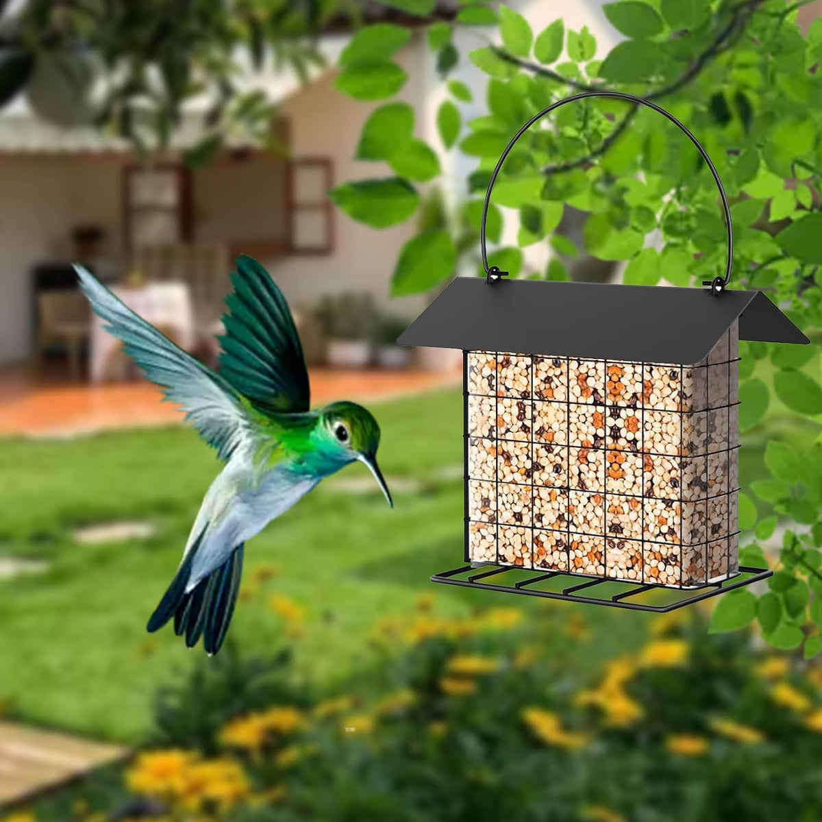 Suet Ball Bird Feeder Outdoor Hanging Metal Wire Wild Bird Feeder Fat Ball Food Feeder with Metal Roof and Platform
