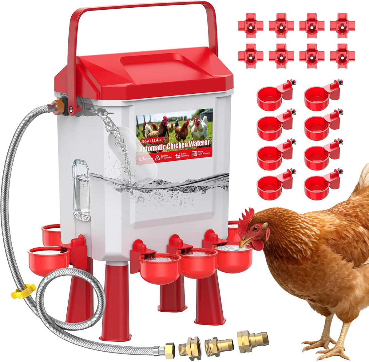 Continuous Automatic Chicken Waterer 3 Gallons with Float Valve, Water Hose
