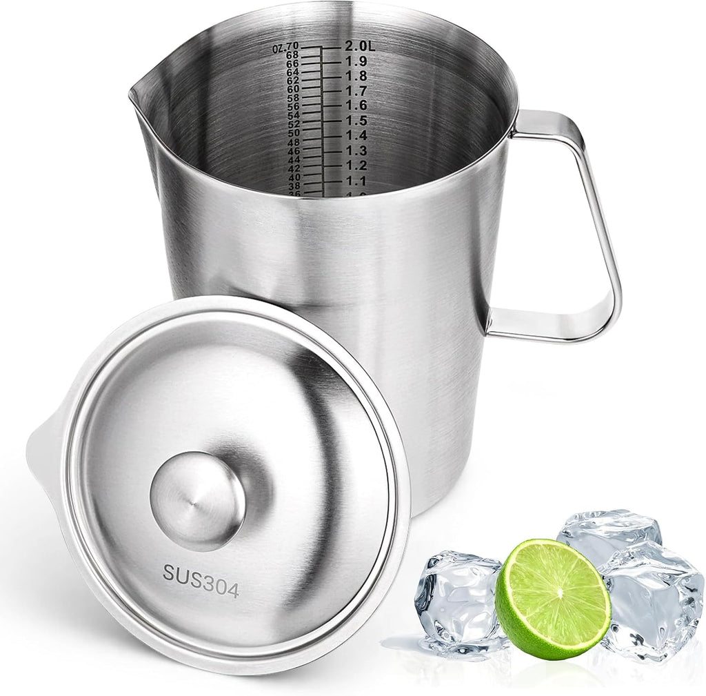 Stainless Steel Metal Pitcher with Lid 2 L 70 oz Measuring Cup with Marking Metal Water Container with Handle Milk