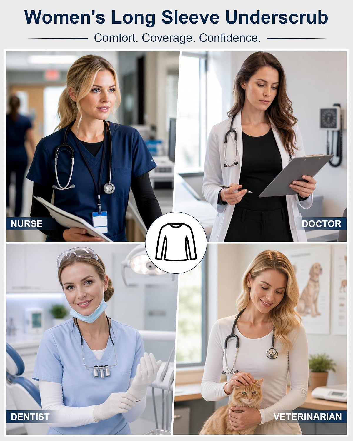 4-Pack Women's Long Sleeve Underscrub Base Layer Tops for Nurses