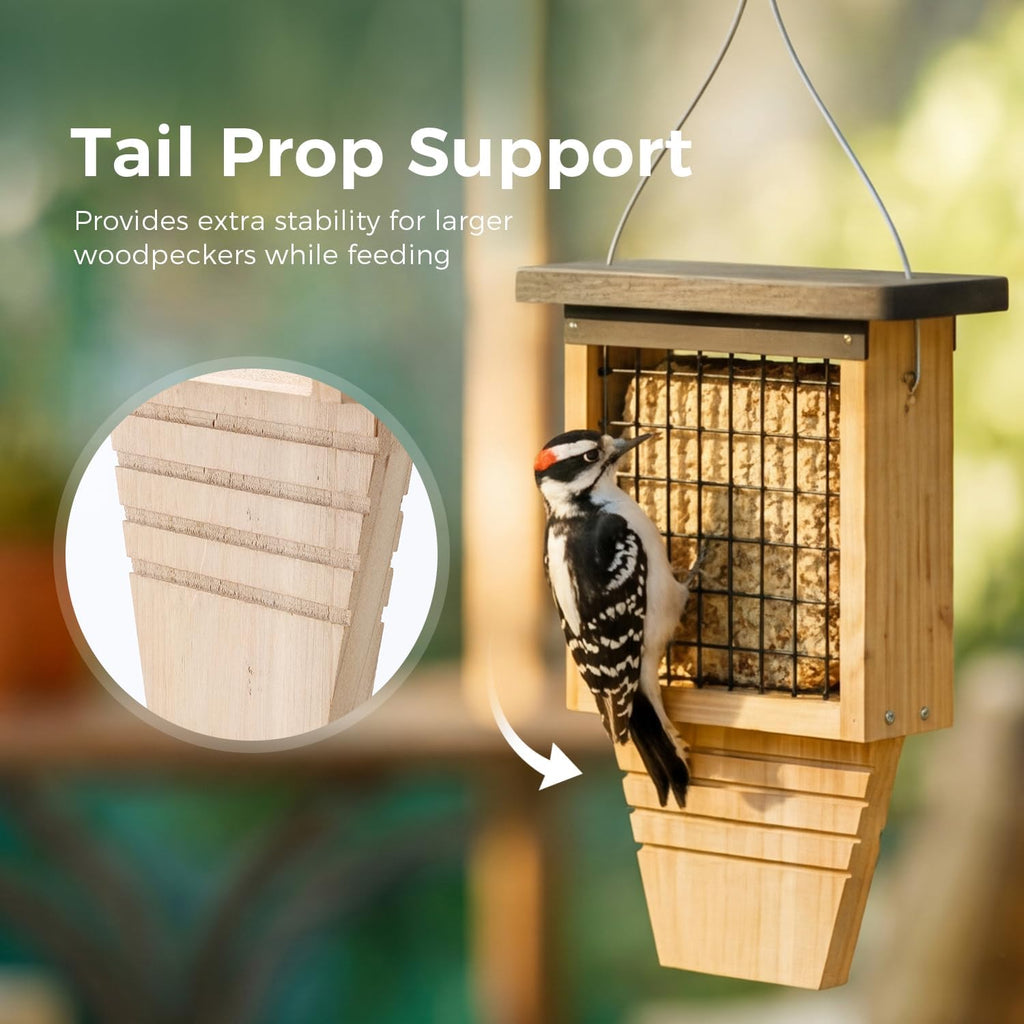 Wooden Suet Bird Feeder for Outside Hanging,Woodpecker Suet Feeder with Tail Prop