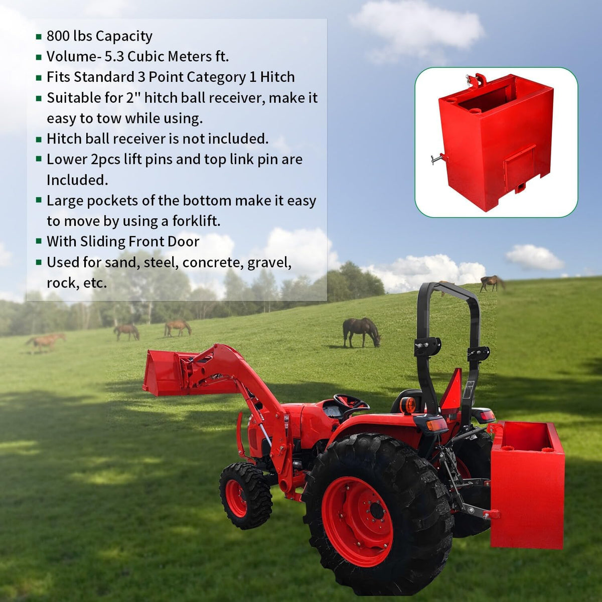 Suitable for Red Ballast Box for Category 1 Tractors - 3-Point Counterweight with Quick Tach Hitch