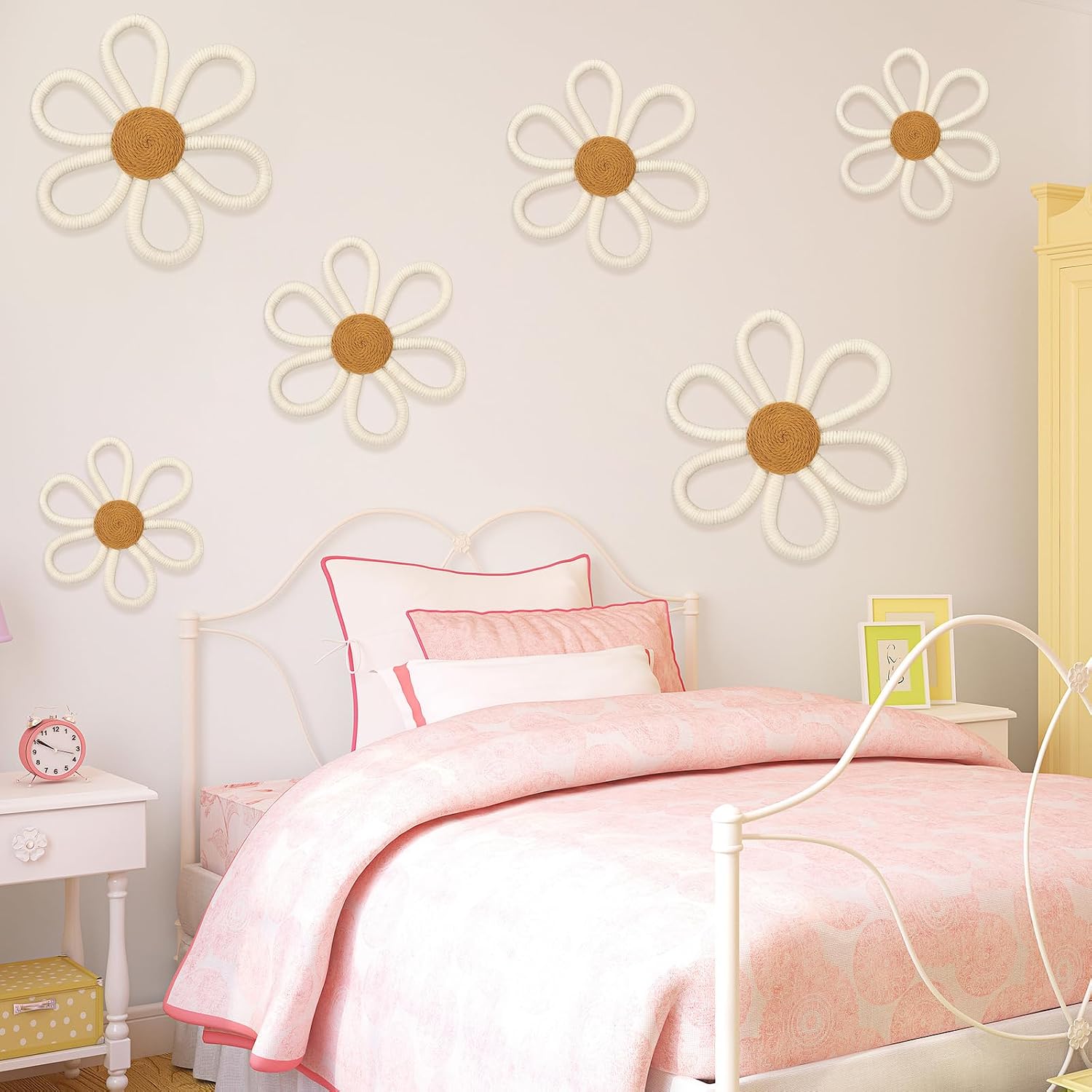 6 Pcs Boho Nursery Decor Daisy Flower Woven Macrame Wall Hanging 3 Size Daisy Flower Wall Decor Bohemian Nursery