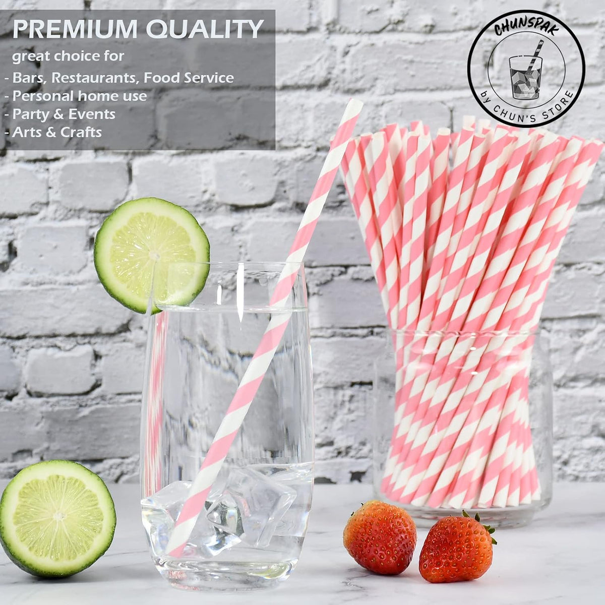 7.75" Pink and White Striped Paper Drinking Straws Bulk 1000 Ct