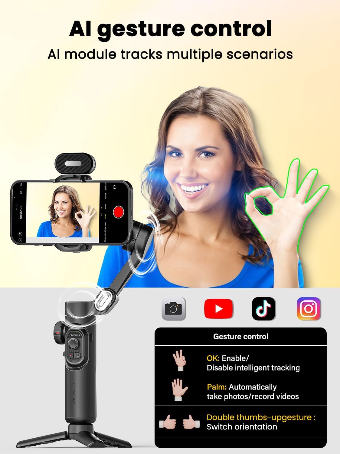 XE AI Gimbal Stabilizer for Smartphone, No App AI Tracking | 3-axis foldable phone gimbal for iPhone, gesture