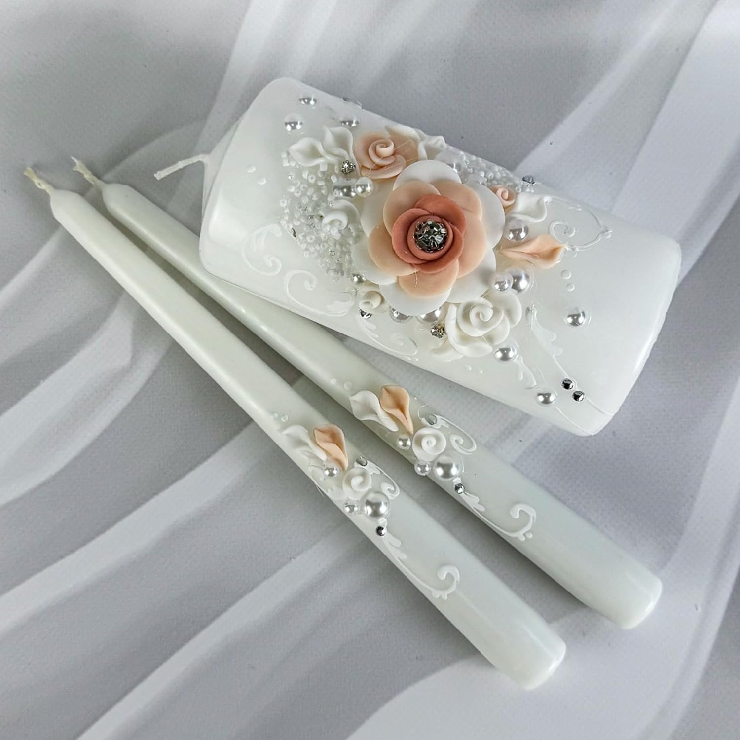 Blush Blossom Unity Candle Set for Wedding Ceremony, White & Blush Pink Handmade Wedding Candles, Unscented 6" Pillar