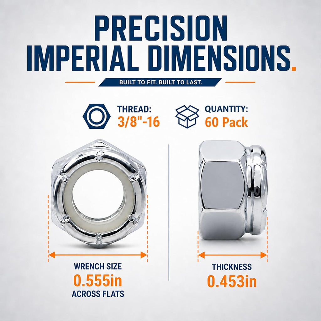 3/8"-16 Inch Lock Nuts, 60 Pack