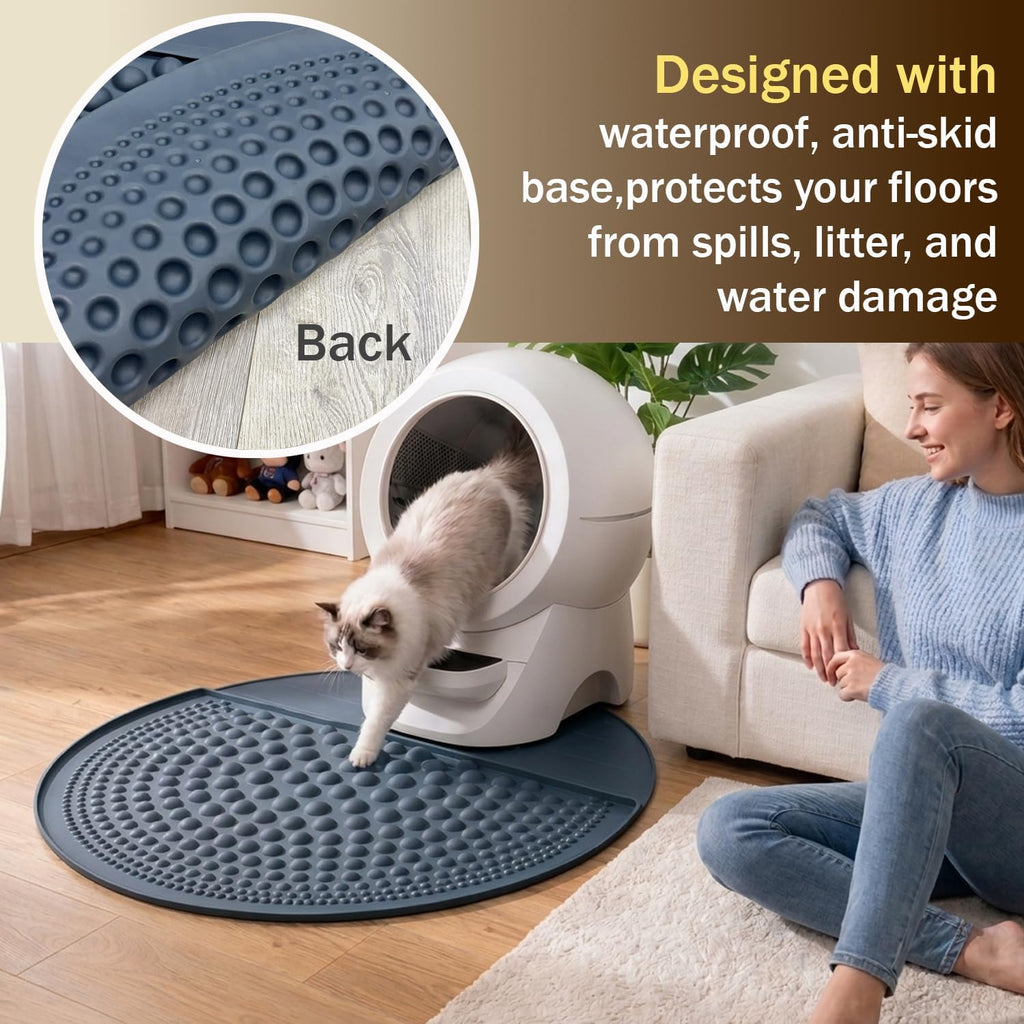 Silicone Cat Litter Trapping Mat,32" Round Waterproof & Non-Slip Litter Catcher, Self-Cleaning Litter Box Mat, Large