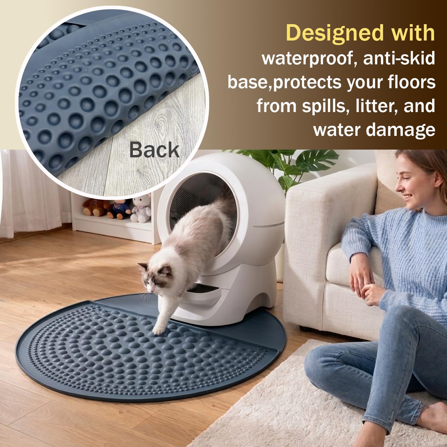 Silicone Cat Litter Trapping Mat,32" Round Waterproof & Non-Slip Litter Catcher, Self-Cleaning Litter Box Mat, Large