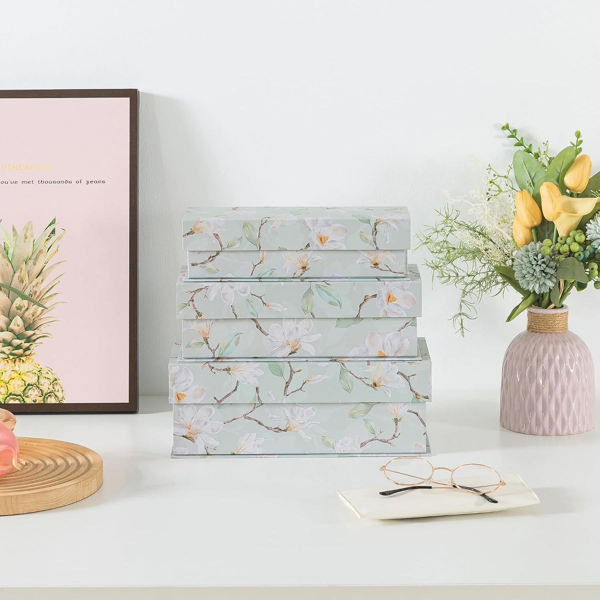 Magnetic Decorative Storage Boxes, Set of 3, Ethereal Blossom