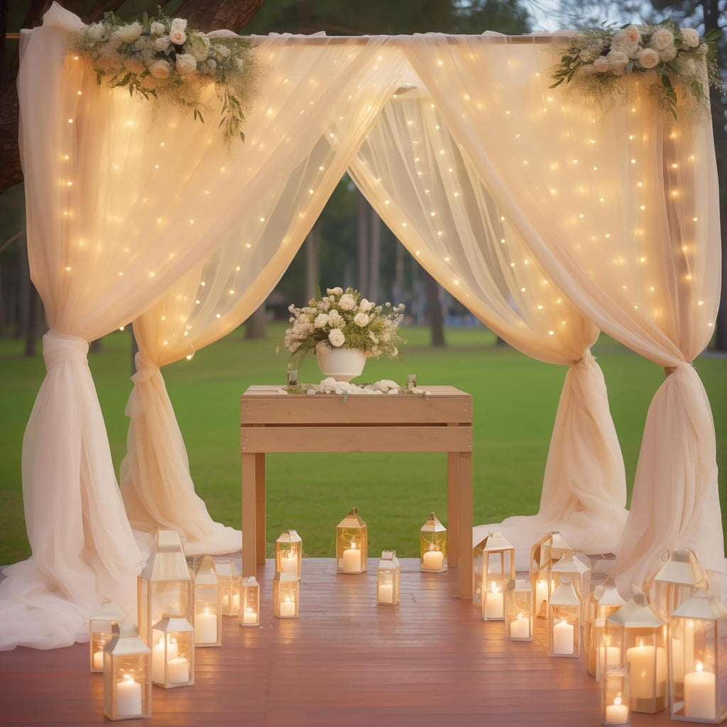 10ft x 10ft Champagne Backdrop Curtain with Lights String for Parties, Sheer Wedding Photo Backdrops Drapes for Baby