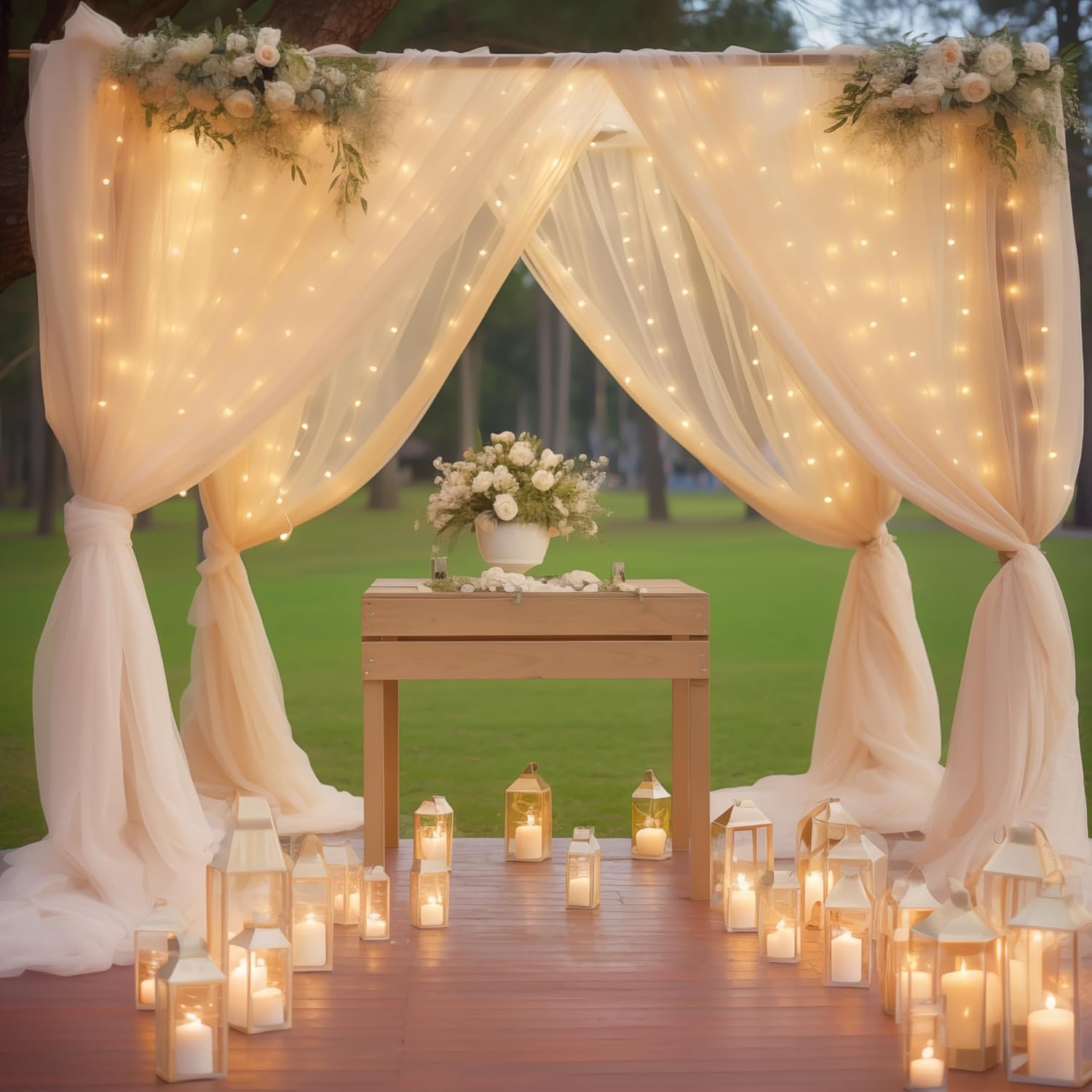 10ft x 10ft Champagne Backdrop Curtain with Lights String for Parties, Sheer Wedding Photo Backdrops Drapes for Baby