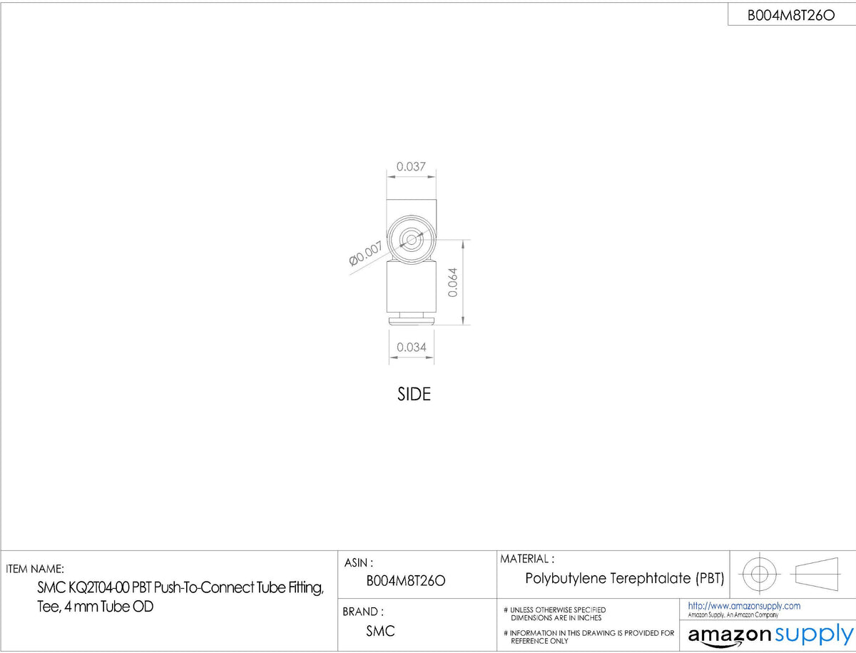 SMC KQ2T04-00A PBT Push-to-Connect Tube Fitting, Union Tee, 4 mm Tube OD (Pack of 10)