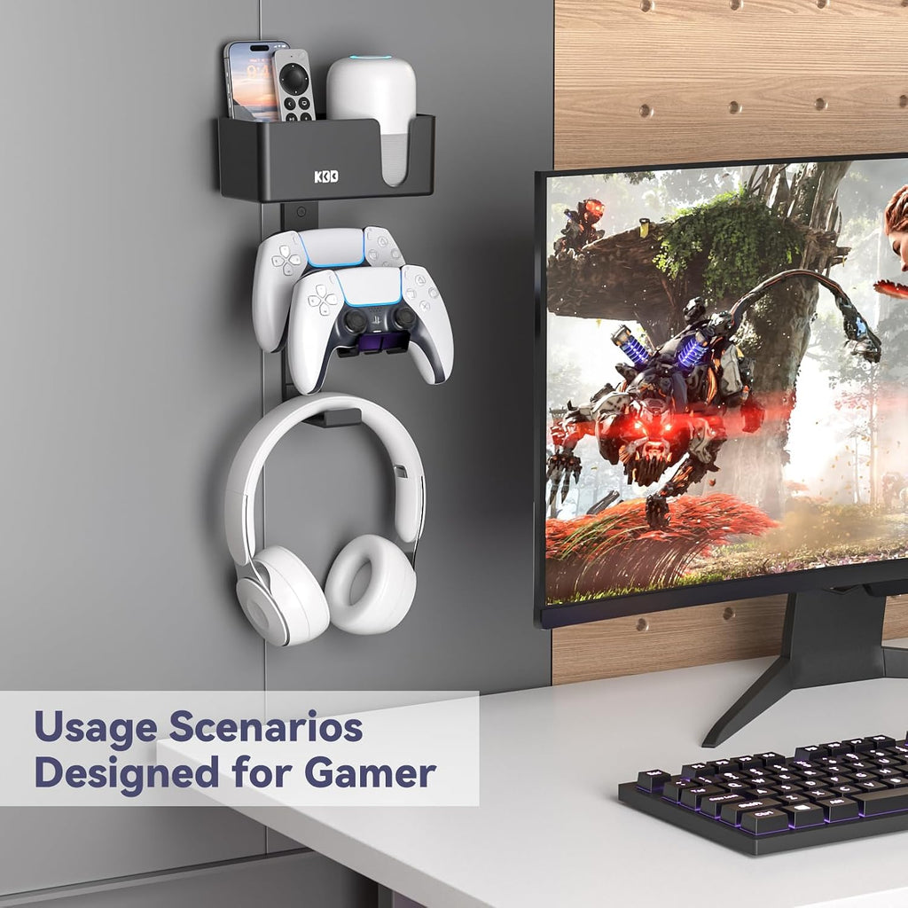 4-in-1 Wall Mount Controller Holder - Dual Game Controller and Headphone Hanger with Anti-Slip Pads for Xbox ONE/X