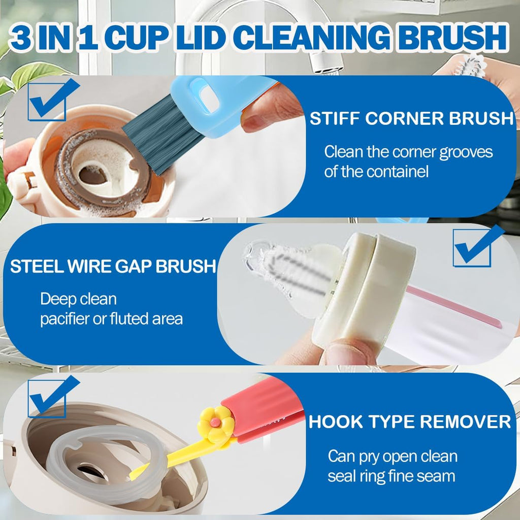 3 in 1 Cup Lid Cleaning Brush, 4PCS Multifunctional Crevice Cleaning Brush for Water Bottle Insulated Cup Tumbler Lid