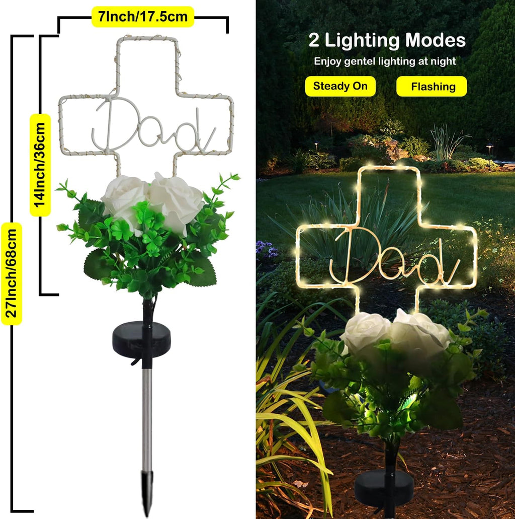 Solar Cross Light for Dad‘s Grave – 2 Modes with Rose Flower, Waterproof Outdoor Light for Cemetery, Perfect for
