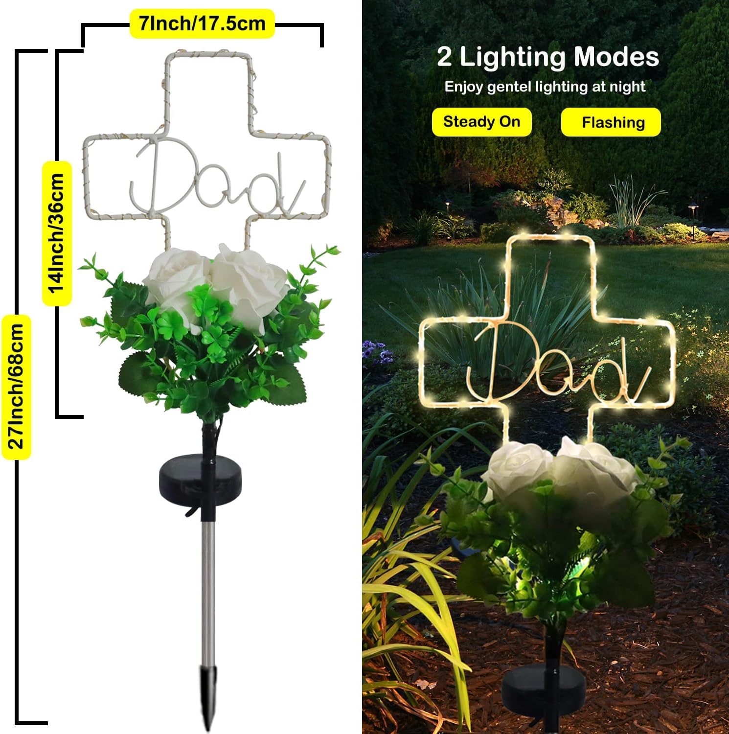Solar Cross Light for Dad‘s Grave – 2 Modes with Rose Flower, Waterproof Outdoor Light for Cemetery, Perfect for