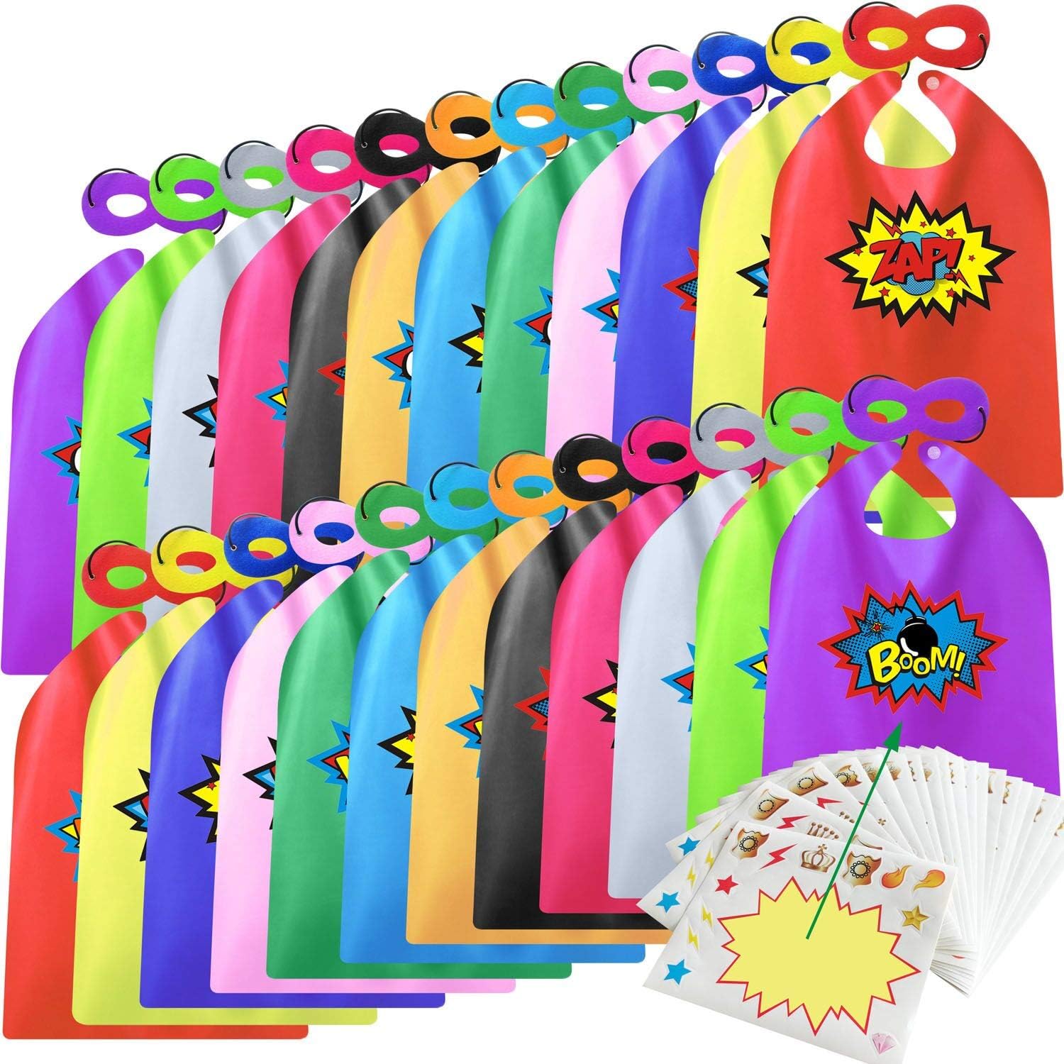 Superhero Capes and Masks for Kids Boys Girls 24 sets with Stickers Decoration for Super hero themed Birthday Party