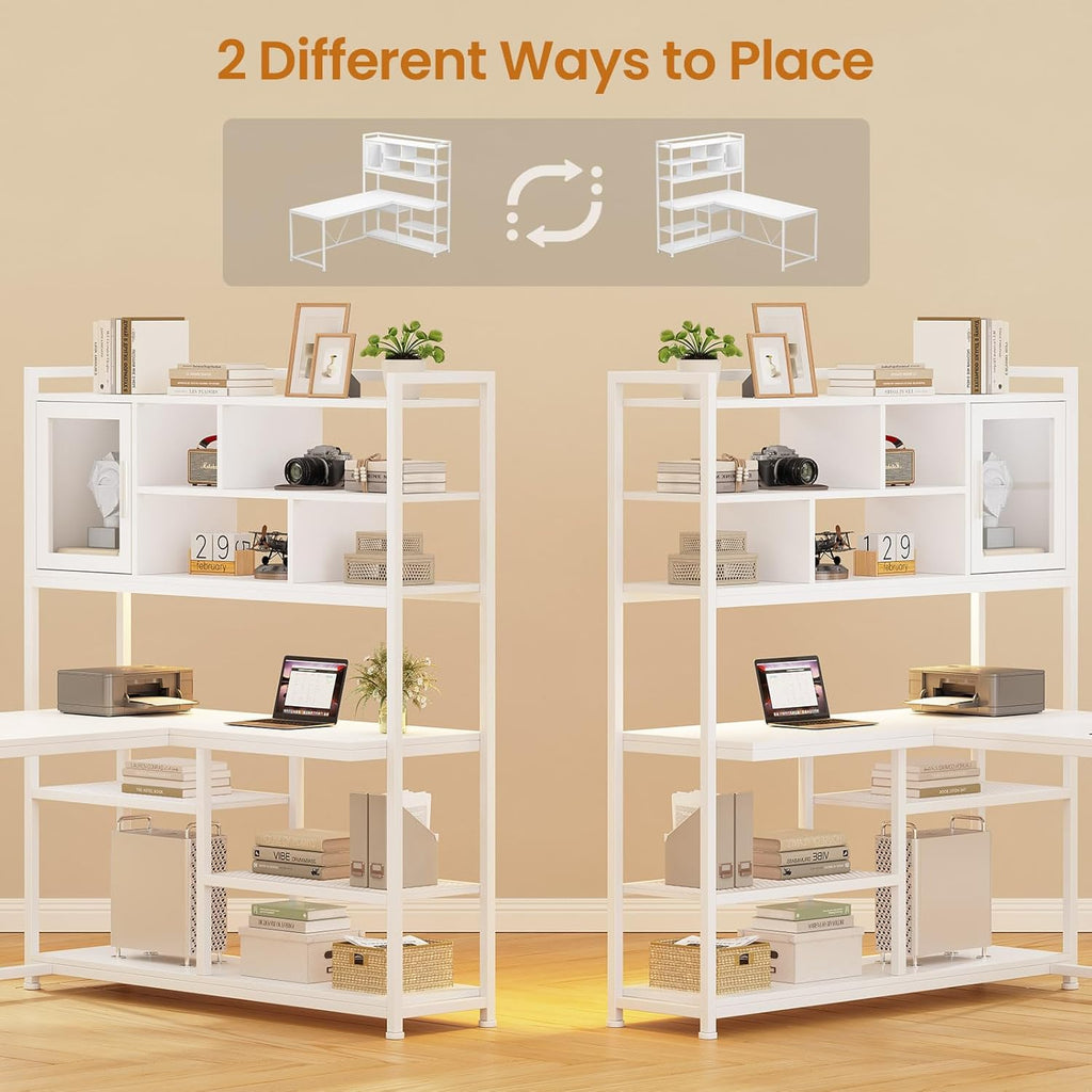L Shaped Computer Desk, 58'' Office Desk with LED Light and Bookshelf, L Shaped Corner Desk with Storage Shelves for