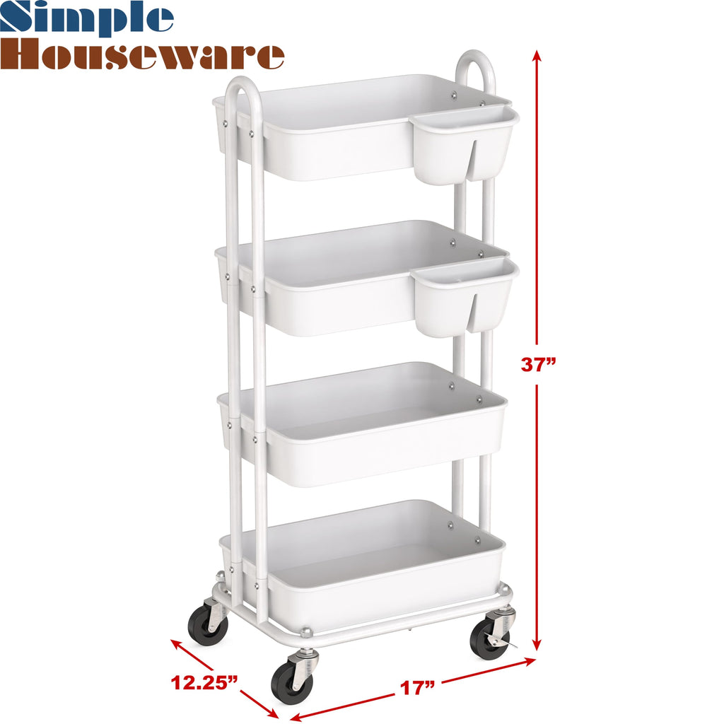 4-Tier Rolling Utility Cart with Hanging Bucket, White