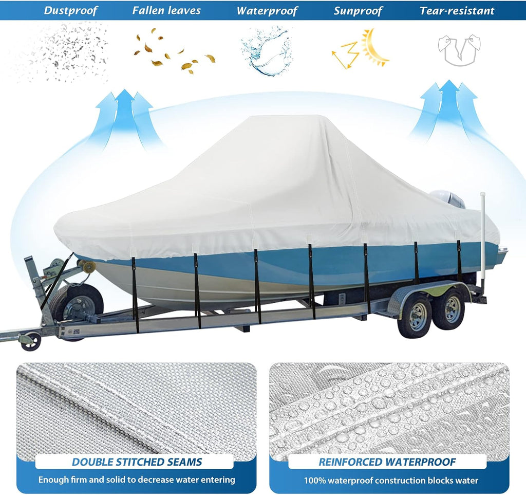 16'-18.5' Center Console Boat Cover, 1300D PU Waterproof Trailerable | Marine Grade Oxford Fabric, UV & Tear