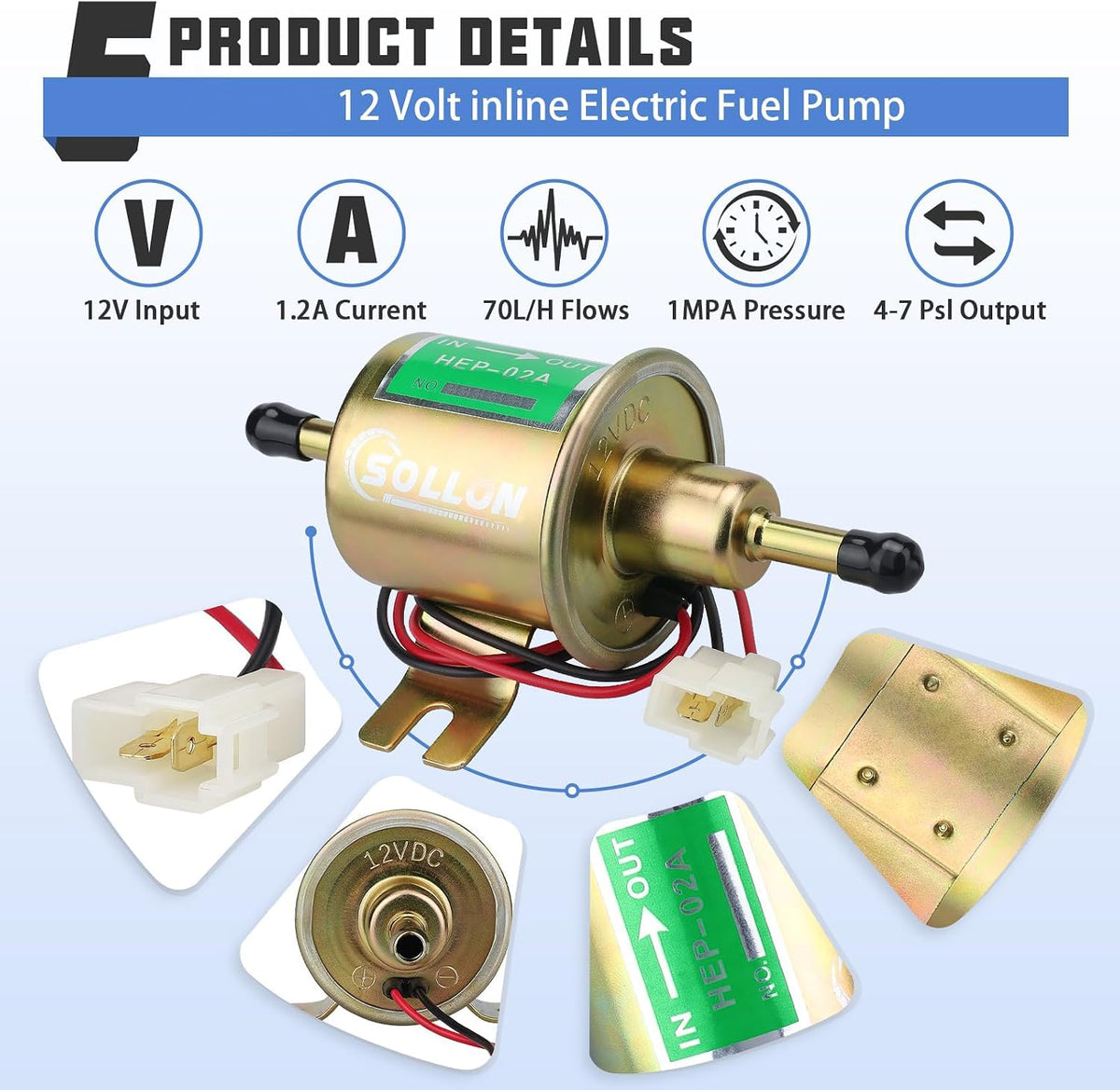 Electric Fuel Pump Kit 12V Universal Low Pressure Transfer Inline with 10pcs Hose Clamps 6.56 FT 5/16" ID Fuel Line
