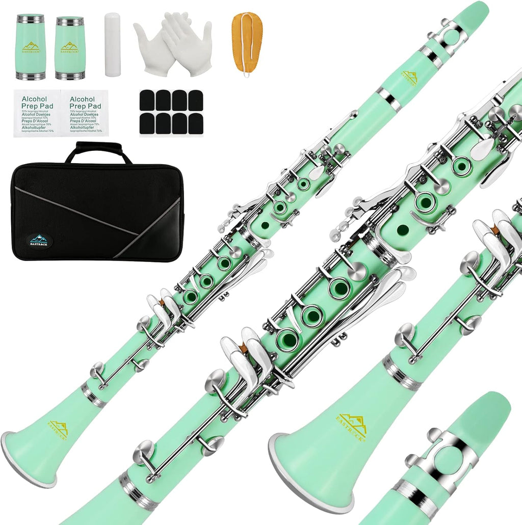 Clarinet Bb Flat 17 Nickel Keys Green Beginner Clarinet for Student with 2 Barrels Hard Clarine Cas and Cleaning Kit