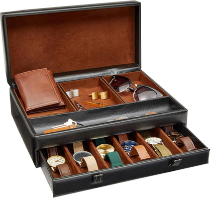 Jewelry Box Organizer and Holder - Black Watch Box with Leather Valet Tray for Home Improvement - 12.6 x 9 x 4 In