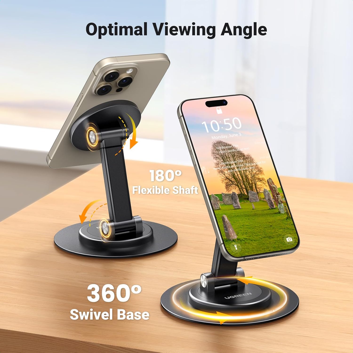 Magnetic Phone Stand for MagSafe, Height Adjustable iPhone Stand for Desk with 360° Rotation Compatible for iPhone 17