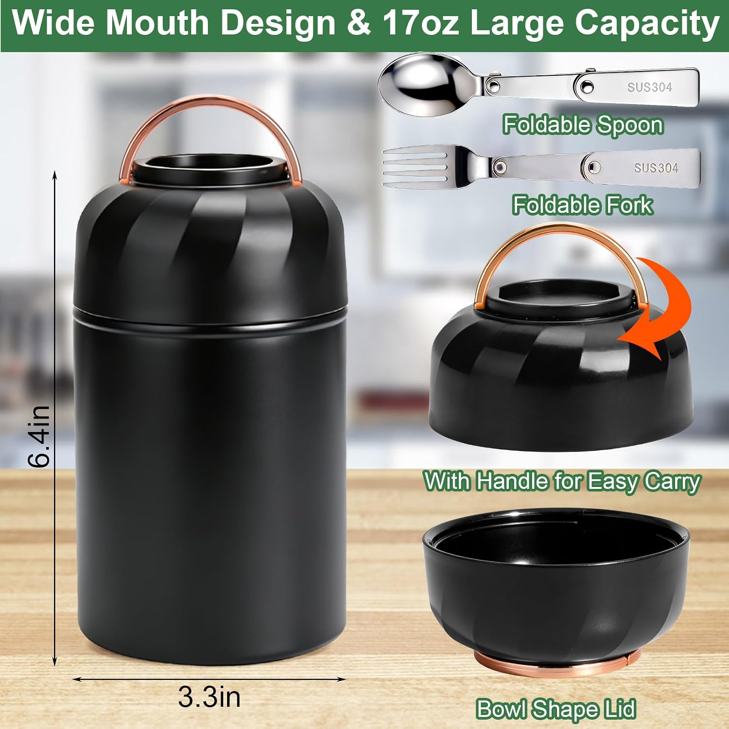 Thermo for Hot Food, 18oz Soup Lunch Box for Adults, Stainless Steel | Insulated Vacuum Food Jar Container with