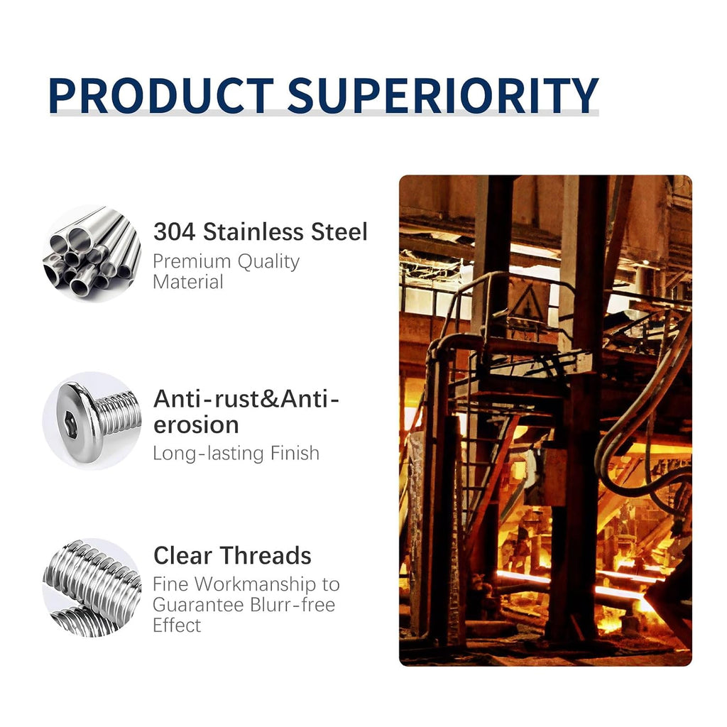 5/16-18 x 3" (10 Pack) Flat Head Hex Socket Cap Screws Bolts, 304 Stainless Steel 18-8, Hex Drive Countersunk Furniture Connector, Fully Threaded Machine Thread, Bright Finish
