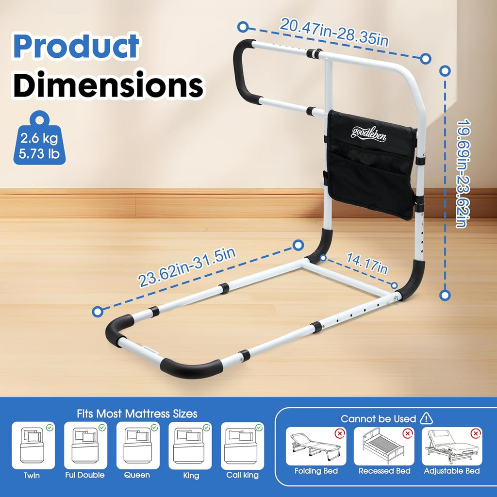 Bed Rails for Elderly Adults, Adjustable Bed Assist Rails for Seniors with Non-Slip Handle & Storage Pocket, Bed