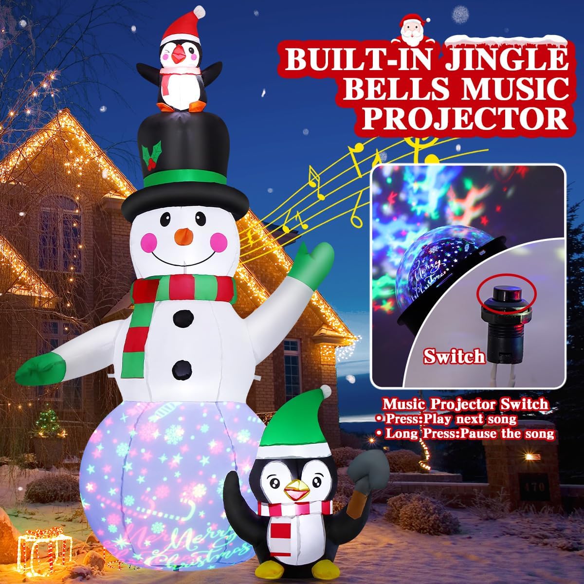 7 FT Christmas Inflatables Snowman and Penguin with Built-in Music & 360° Rotation Colorful Projector LED Light, Blow