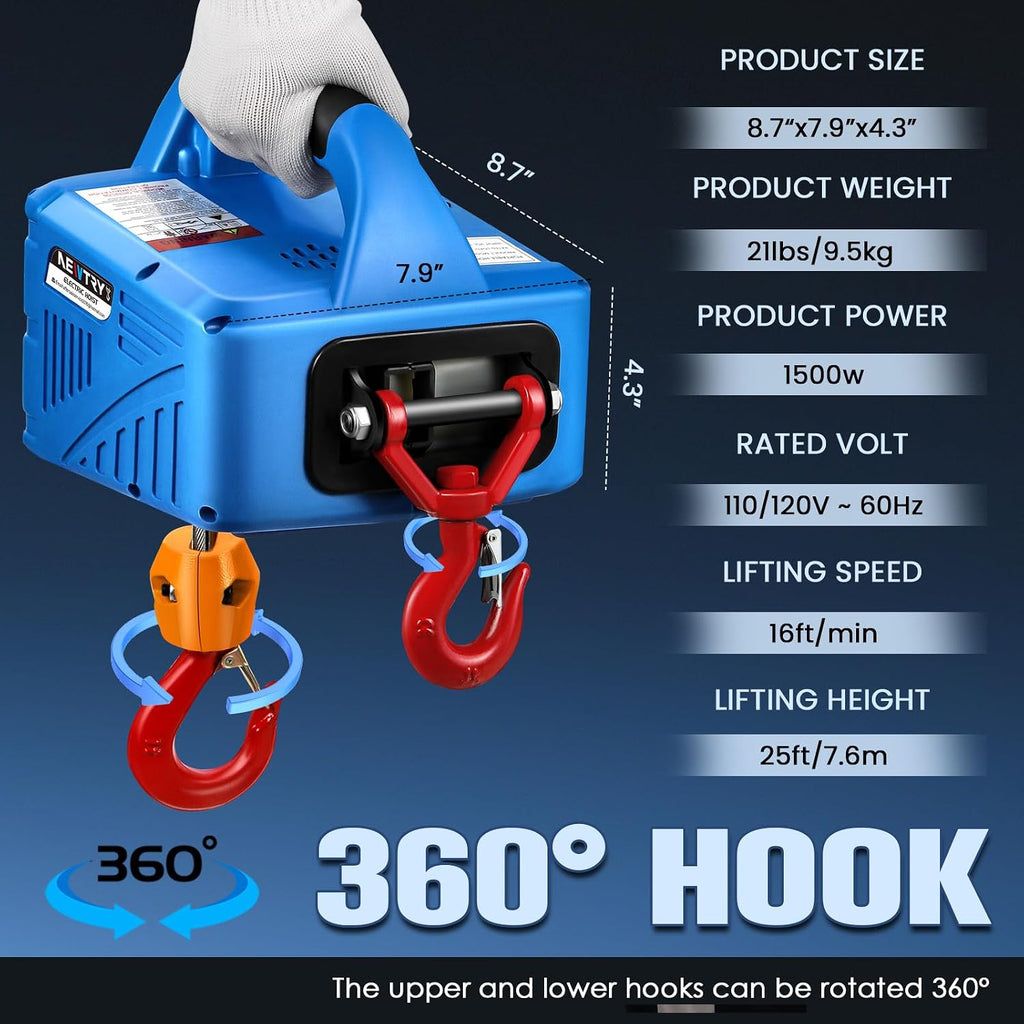 1100lbs Electric Hoist Winch with Wireless Remote Control 110/120 Volt Portable Power Electric Hoist 16ft/min