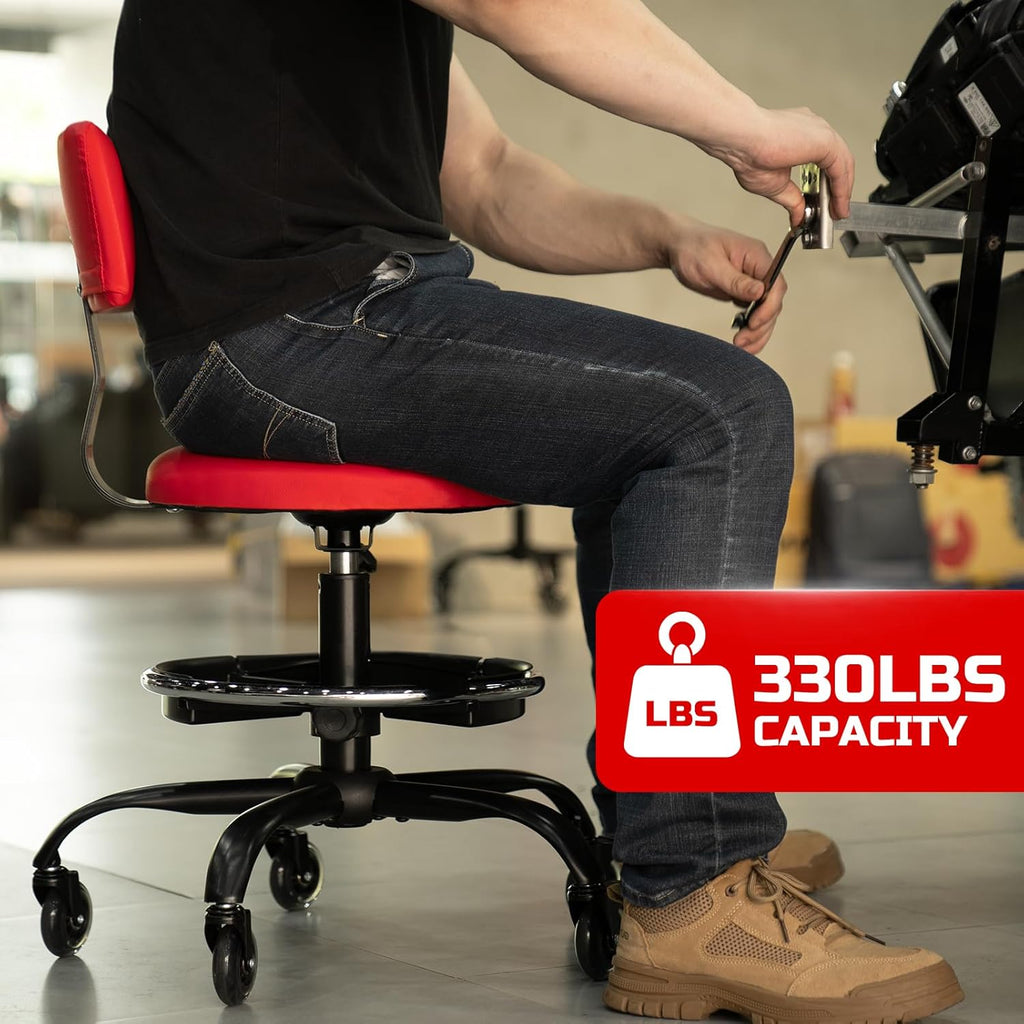 Rolling Shop Stool with Wheels, Garage Mechanic Stool Chair with Backrest, Height Adjustable Heavy Duty Swivel Task