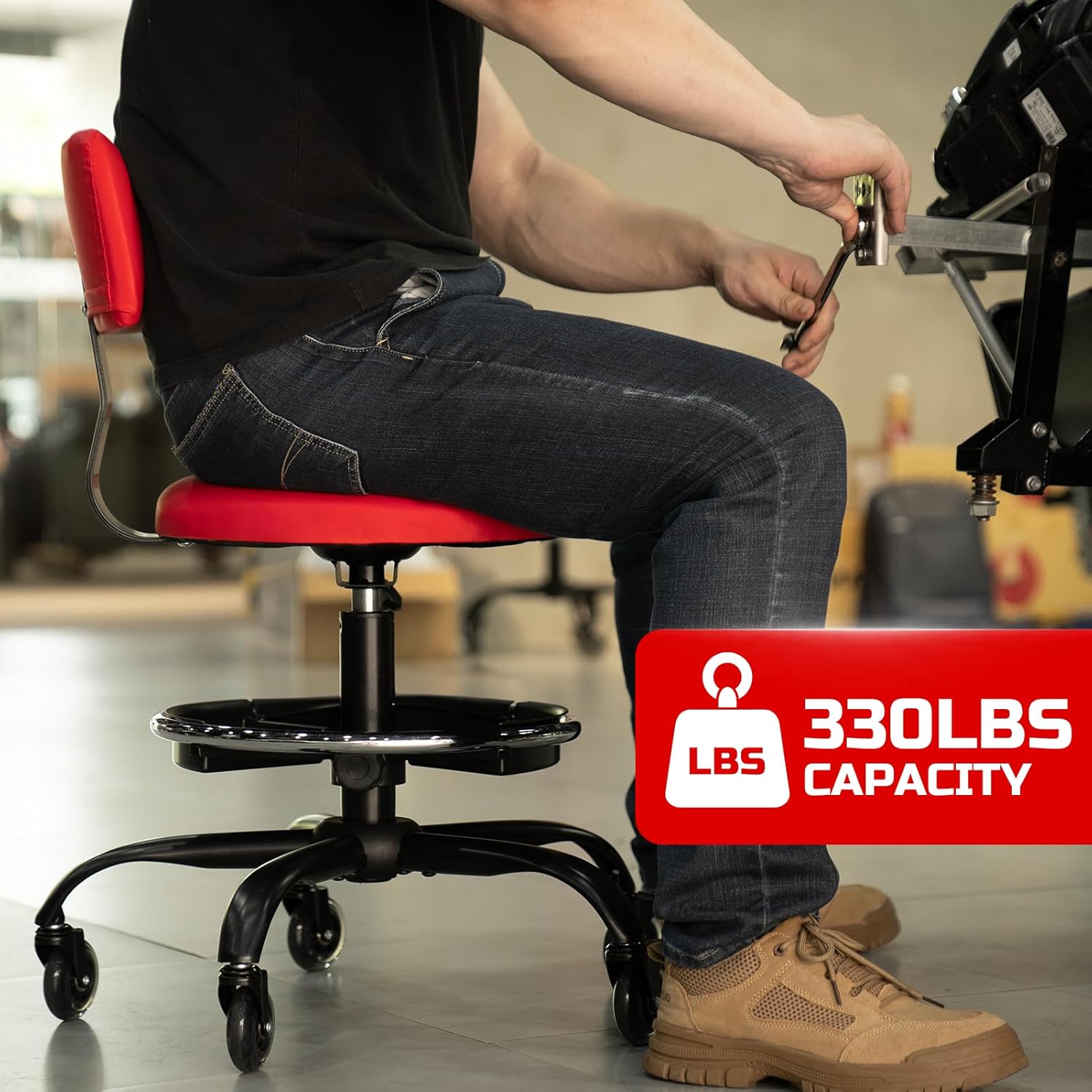 Rolling Shop Stool with Wheels, Garage Mechanic Stool Chair with Backrest, Height Adjustable Heavy Duty Swivel Task