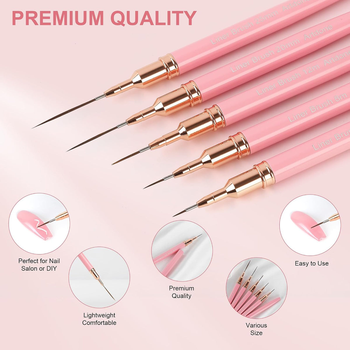 Metallic Nail Art Pens, Liner Brushes Set, 5PCS Pink Nail Tools