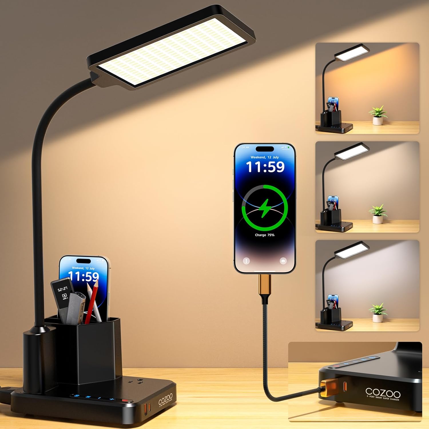 Desk Lamp, COZOO LED Desk Lamps for Home Office with USB Charging Port/Outlet/Organizer,Desk Lamp for College Dorm