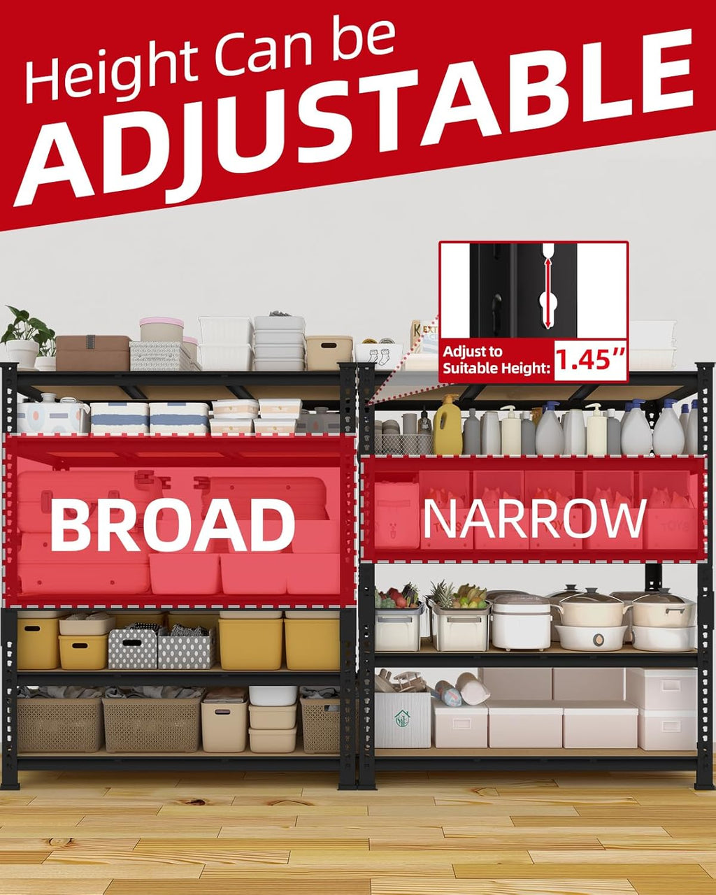 Heavy Duty Garage Storage Shelves - 48" W X 24" D X 72" H Adjustable Metal Shelving Unit, 5 Tier Industrial Shelves