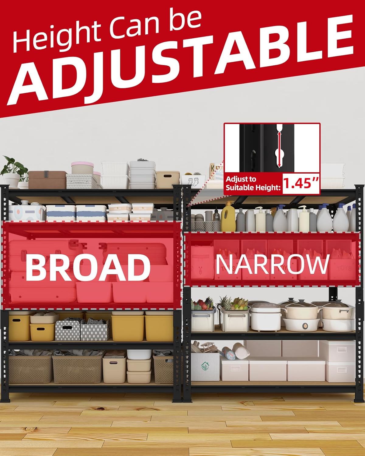 Heavy Duty Garage Storage Shelves - 48" W X 24" D X 72" H Adjustable Metal Shelving Unit, 5 Tier Industrial Shelves