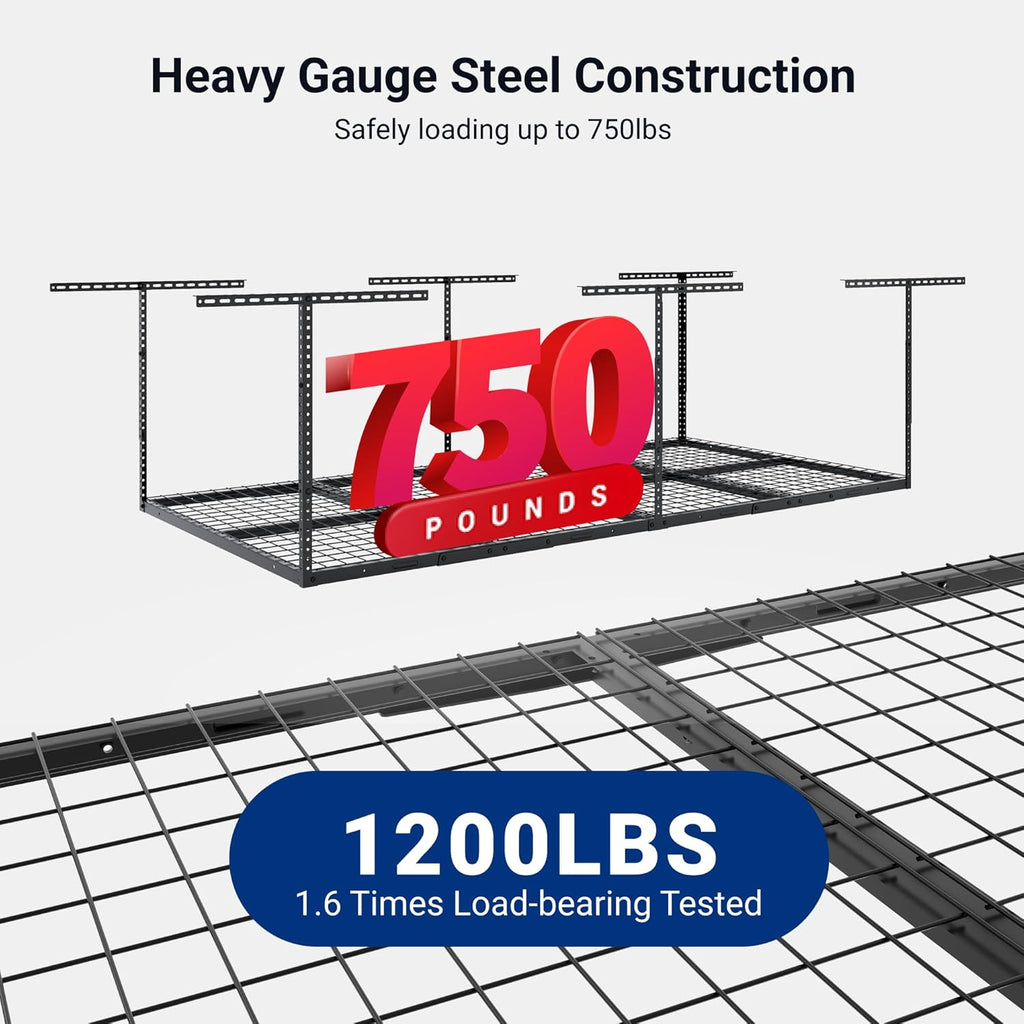 4x8 Overhead Garage Storage Rack, Adjustable Organization System, Heavy-Duty Metal Ceiling Racks, 750lbs Weight