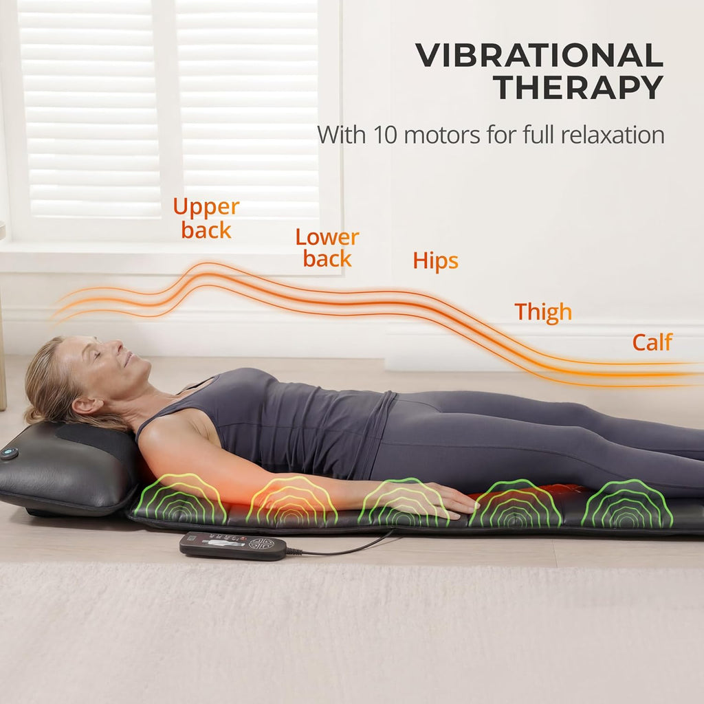 Shiatsu Full Body Massage Mat with Heat, Detachable Massager Pad, 10 Vibrating Motors, Deep Tissue Pain Relief for