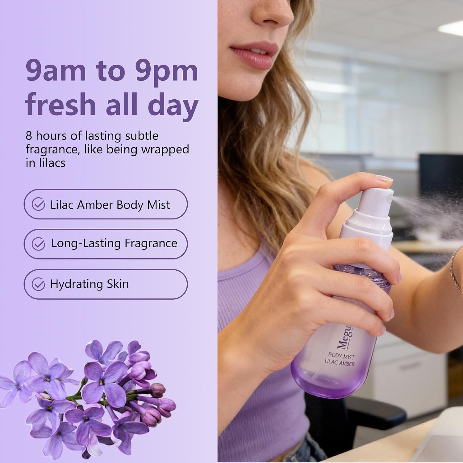 Lilac Amber Body Spray for Women, Long Lasting Floral Woody Fragrance Mist, Paraben & Phthalate Free, Gentle Elegant