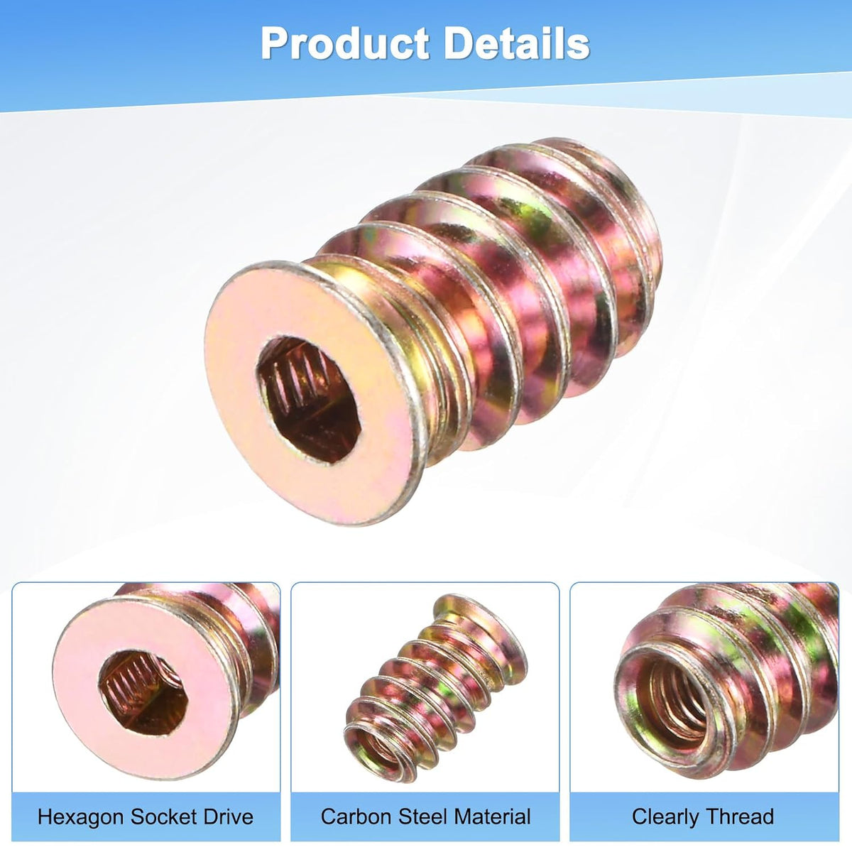 M METERXITY 20-Pack Threaded Inserts for Wood M4x15mm Gold Tone