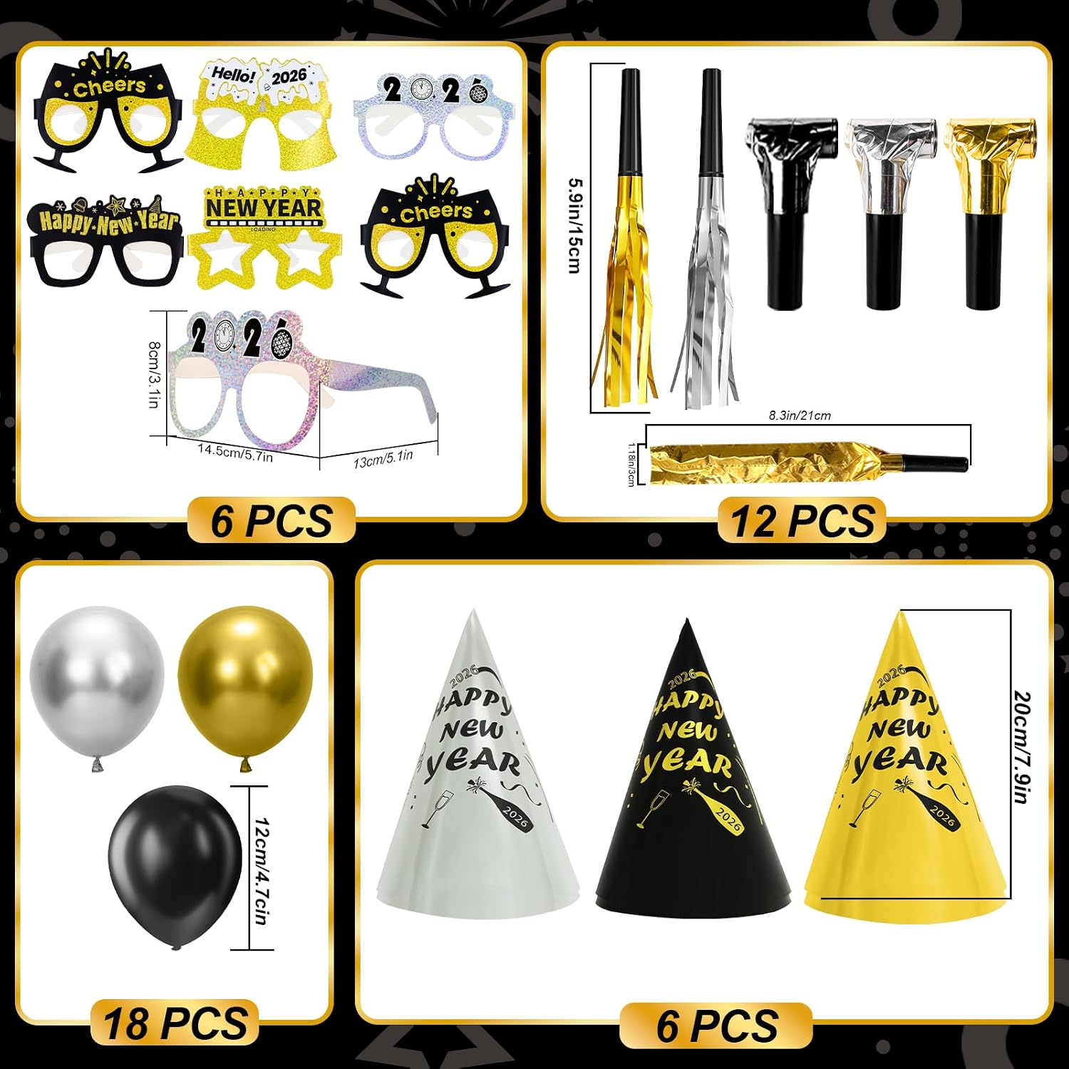 New Years Eve Party Supplies 2026 for 12, New Years Eve Party Decorations, 6 Hat, 6 Glasses, 12 blowouts, 6 Table